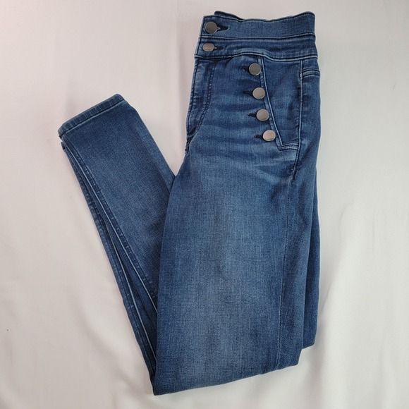 Express‎ 6R Stretch Super High Rise Denim Leggings Gray Jeans Button Detail A615 - Picture 1 of 8